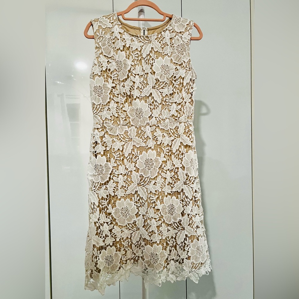 Elegant Ryan Michelle Ivory Floral Lace Dress Nude Lined Sleeveless Size L